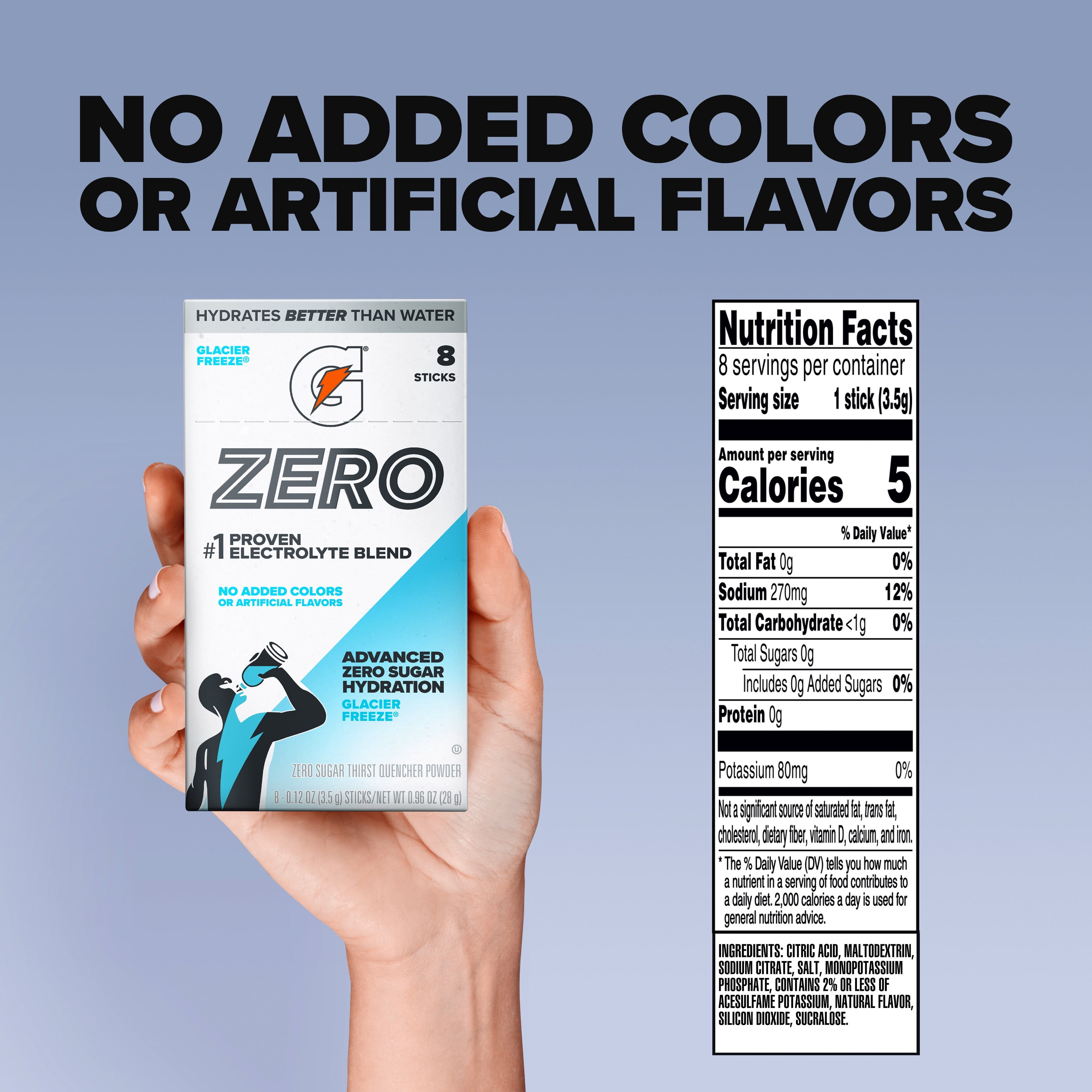 Gatorade Zero Sugar Glacier Freeze, On the Go Packs, Electrolyte Powder Drink Mix, 0.12 oz, 8 sticks