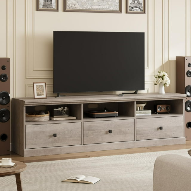 QinaQin Mueble para TV de 70 pulgadas para pantallas de 75, centro de entretenimiento estilo mid century con cajón y repisas abiertas, ideal para sala o recámara