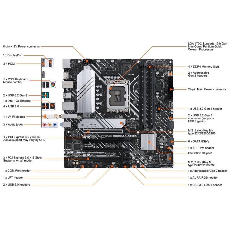 ASUS Prime B660M-A AC D4 Motherboard, Intel LGA1700, Max128GB DDR4