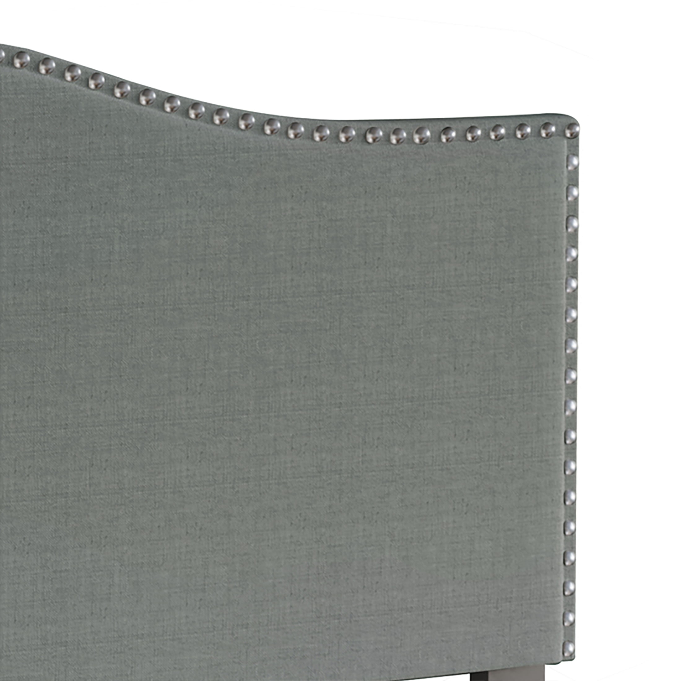Castle Place Curved Upholstered Nailhead Trim Linen Headboard, Light Grey, Twin