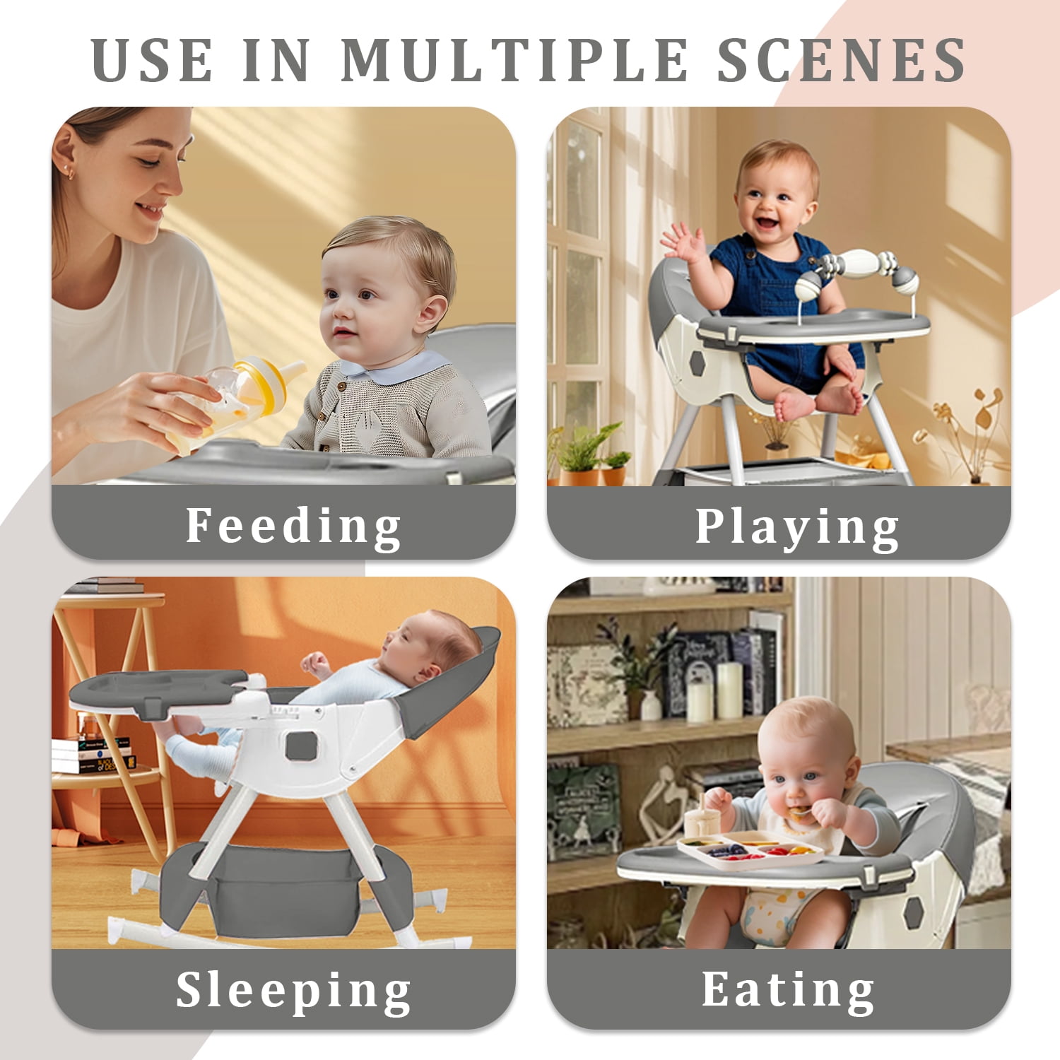 KFeng 4-in-1 Foldable Baby High Chair,Combines Play and Dining,Adjustable Dual-layer Tray and Backrest,Yellow&Blue
