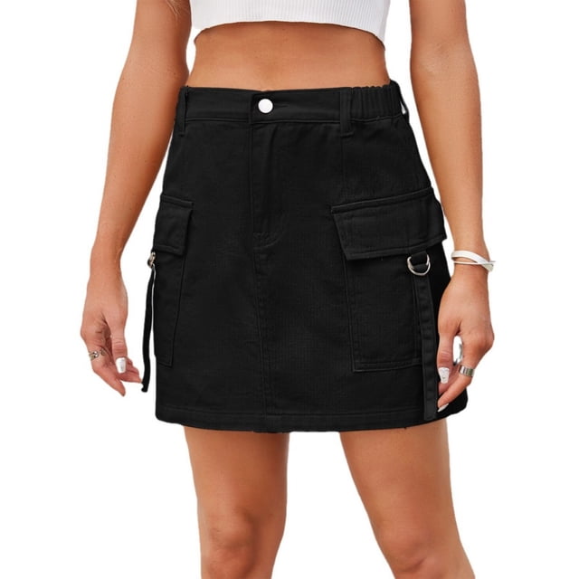 LYMAYTER Jupe Courte Mini Décontractée pour Femme Poches Cargo Taille Extensible Jupe en Jean P-2TG