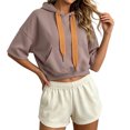 thumbnail image 2 of HAYIMI Sweatshirts Women Cropped 3/4 Sleeve Hoodie Contrast Drawcord Solid Color Breathable Tops, 2 of 4