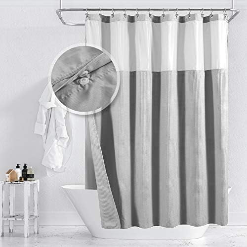 Cotton Blend Waffle Weave Shower Curtain with Snap-in Fabric Liner, Hotel Luxury Spa, Mesh Window Top, Machine Washable, Lake Wanaka Gray, 71x72 Inches
