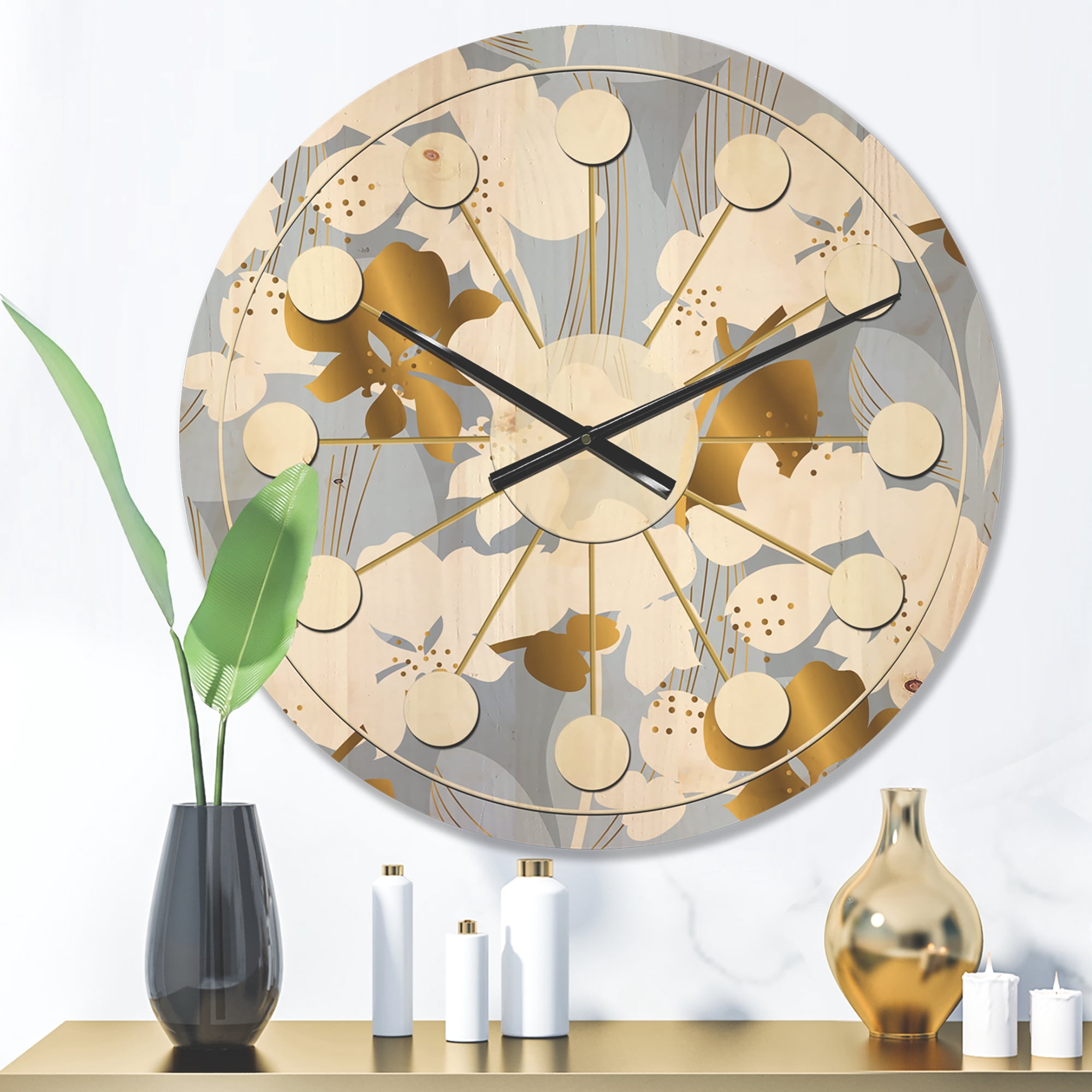 Designart 'White Orchid Blossom Color Pattern' Mid-Century Modern Wood Wall Clock