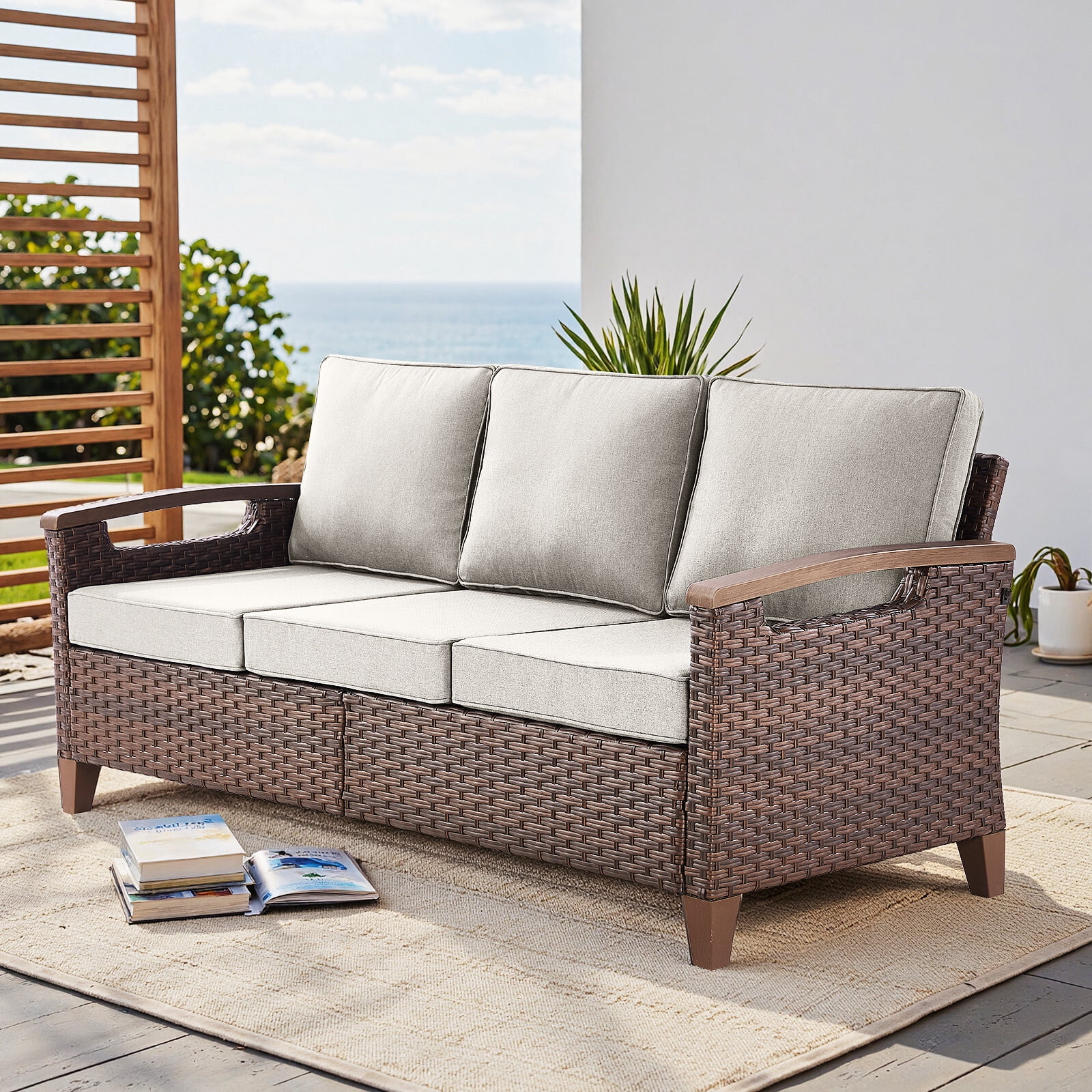Bellefurn Wicker Patio Sofa Outdoor Couch,Patio 3 Seater Sofa Outdoor Rattan Furniture Sofa with Non-Slip Thick Cushions for Outdoor,Garden,Lawn,Backyard