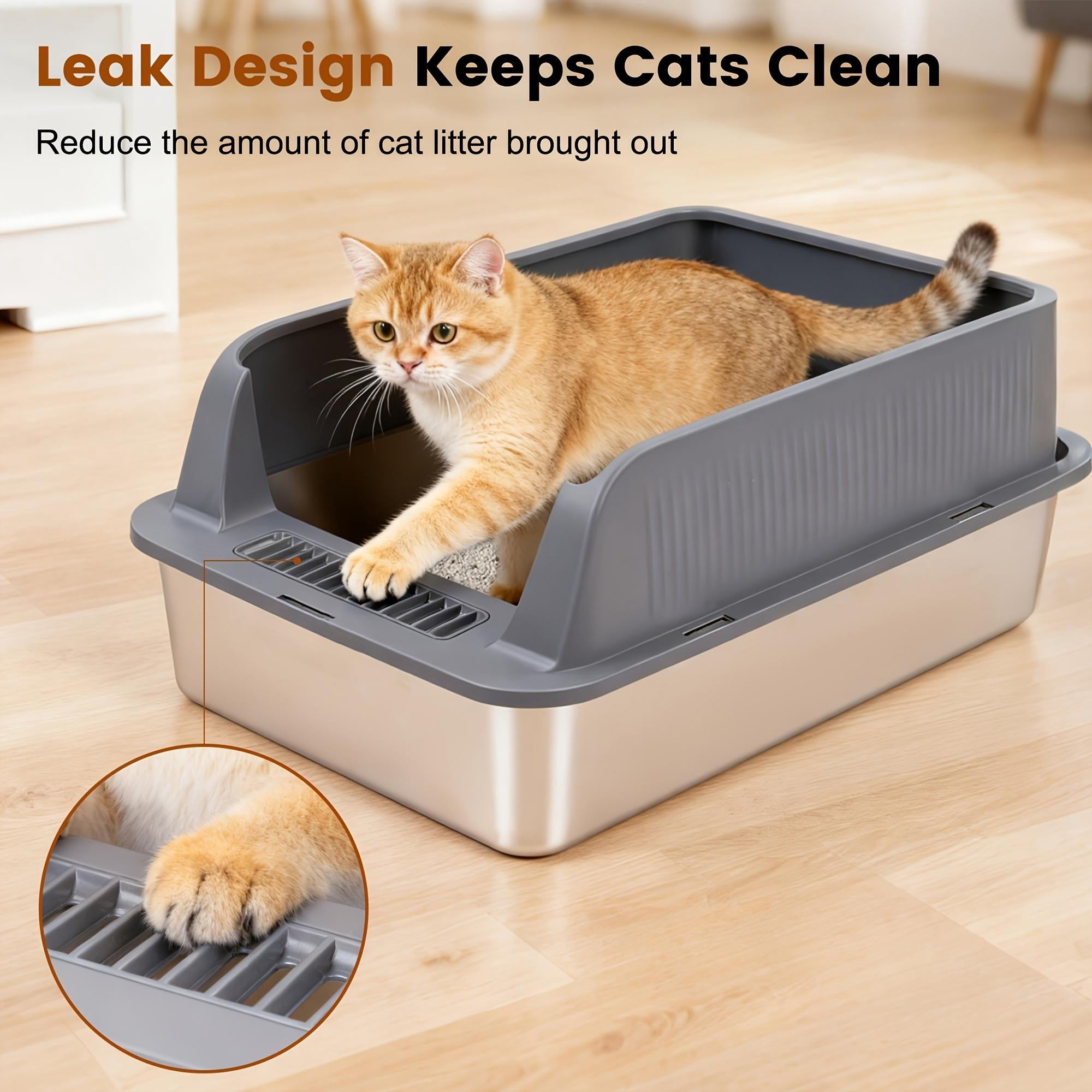 2 Pack Stainless Steel Cat Litter Box, Medium High Sides Litter Box for Multi Cats & Kittens, Anti-Leak Lid, Non-Stick, Odor Control, Easy Clean, Includes Scoop