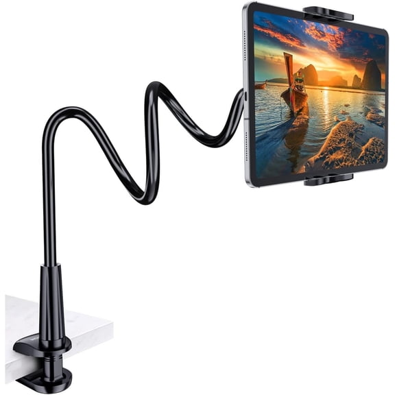 Adjustable Gooseneck Tablet Holder Stand with Clamp, Flexible Long Arm Mount for iPad, Kindle, and 4.7-10.5 Inch Devices