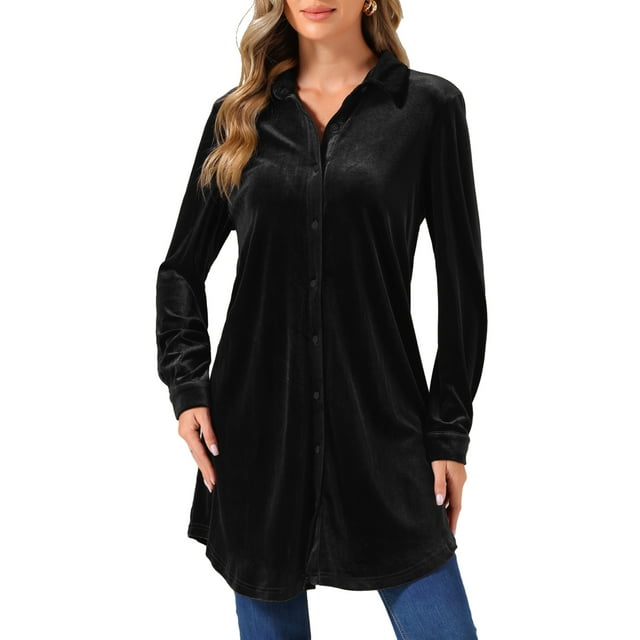 INSPIRE CHIC Vestido Mini Casual de Manga Larga de Terciopelo con Botones para Mujeres, Tops de Tunica con Solapa, Negro L