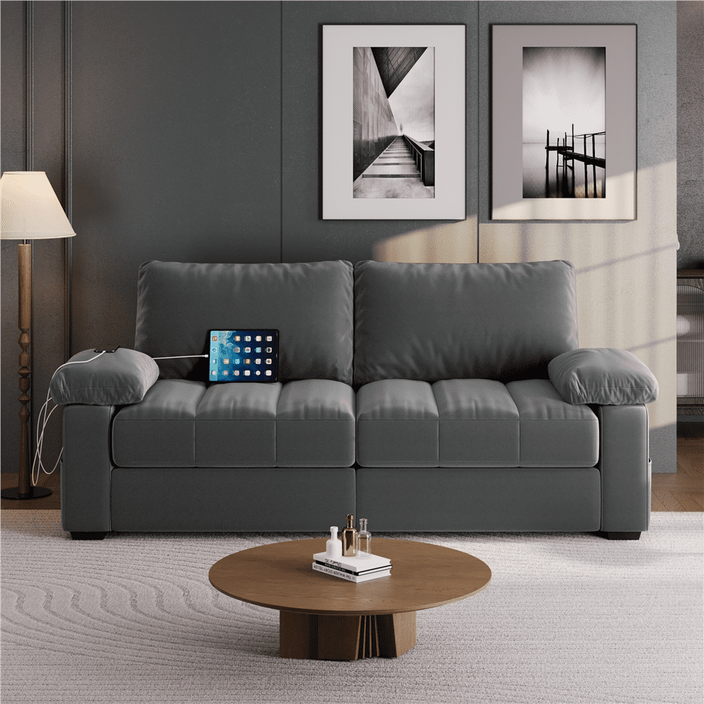 Renwick 2 Seater Velvet Sofa Couch with Pillow Top Arms & USB Charging Ports, Gray