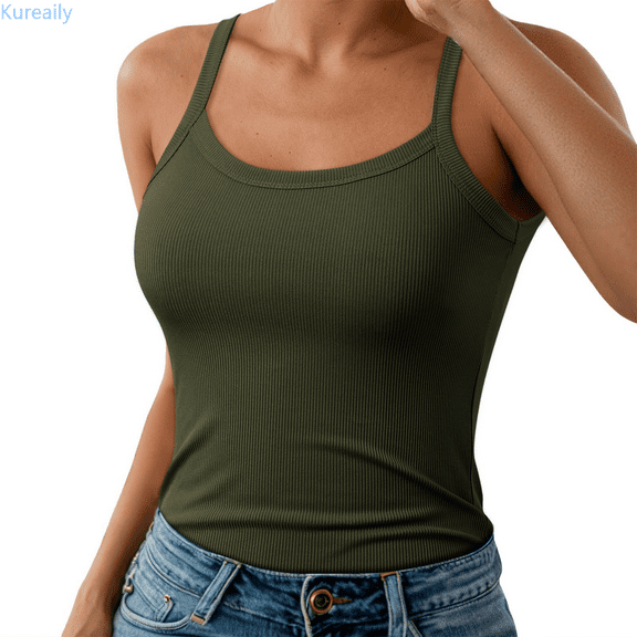 Kureaily Women Spaghetti Strap Neck Ribbed Tank Tops Slim Fitted Camisole Basic Sleeveless Layering Shirts Cotton Tank Top
