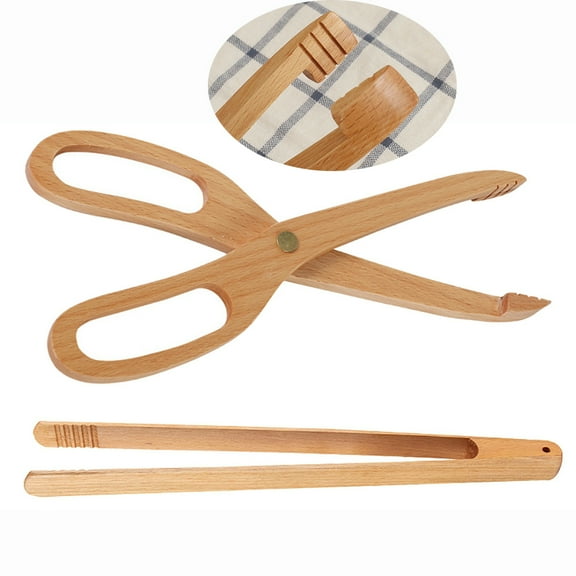 Dsseng 2Pcs Premium Wooden Kitchen Tongs Food Clamp Creative Scissor Type Cake Clip Wooden Utensils Kitchen Tools