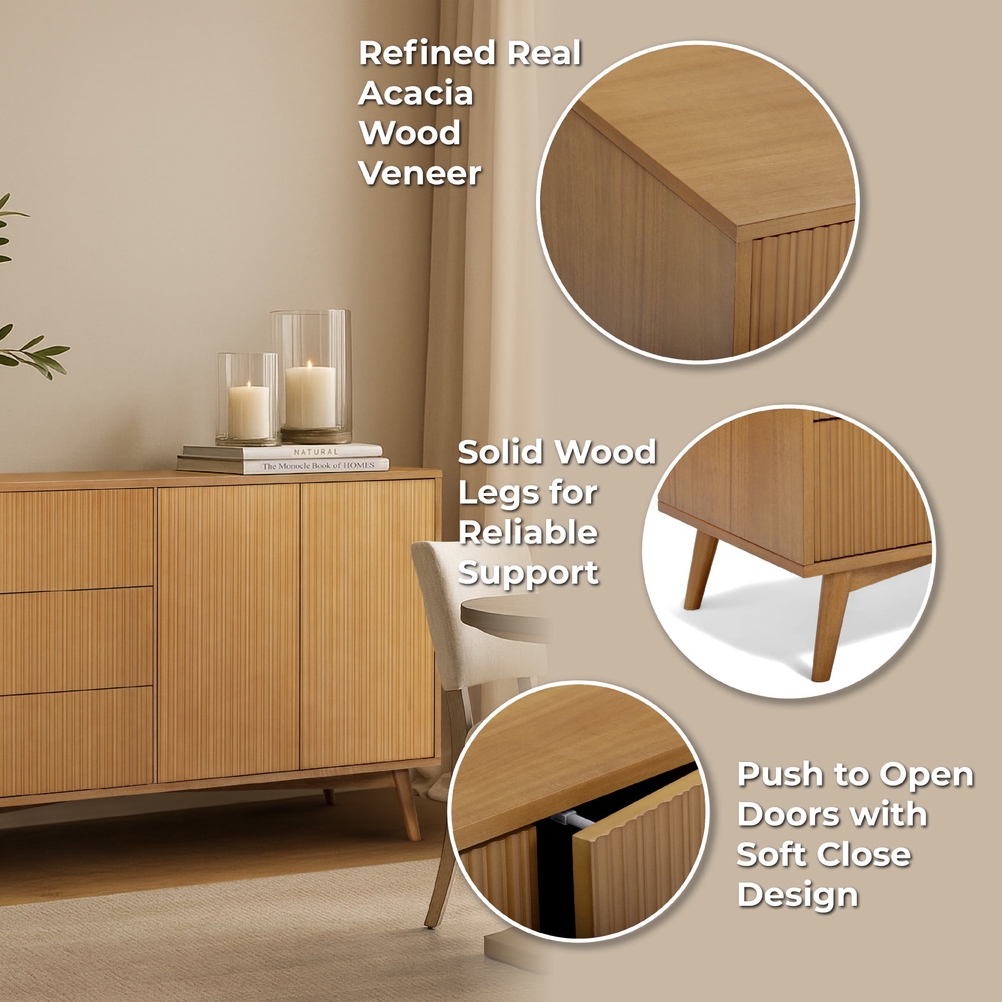 Tremolo 3-Drawer 2-Door Wood Sideboard Cabinet, Natural – Teamson Home: Push-Open Storage & Contemporary Fluted Fronts for Living or Dining Room