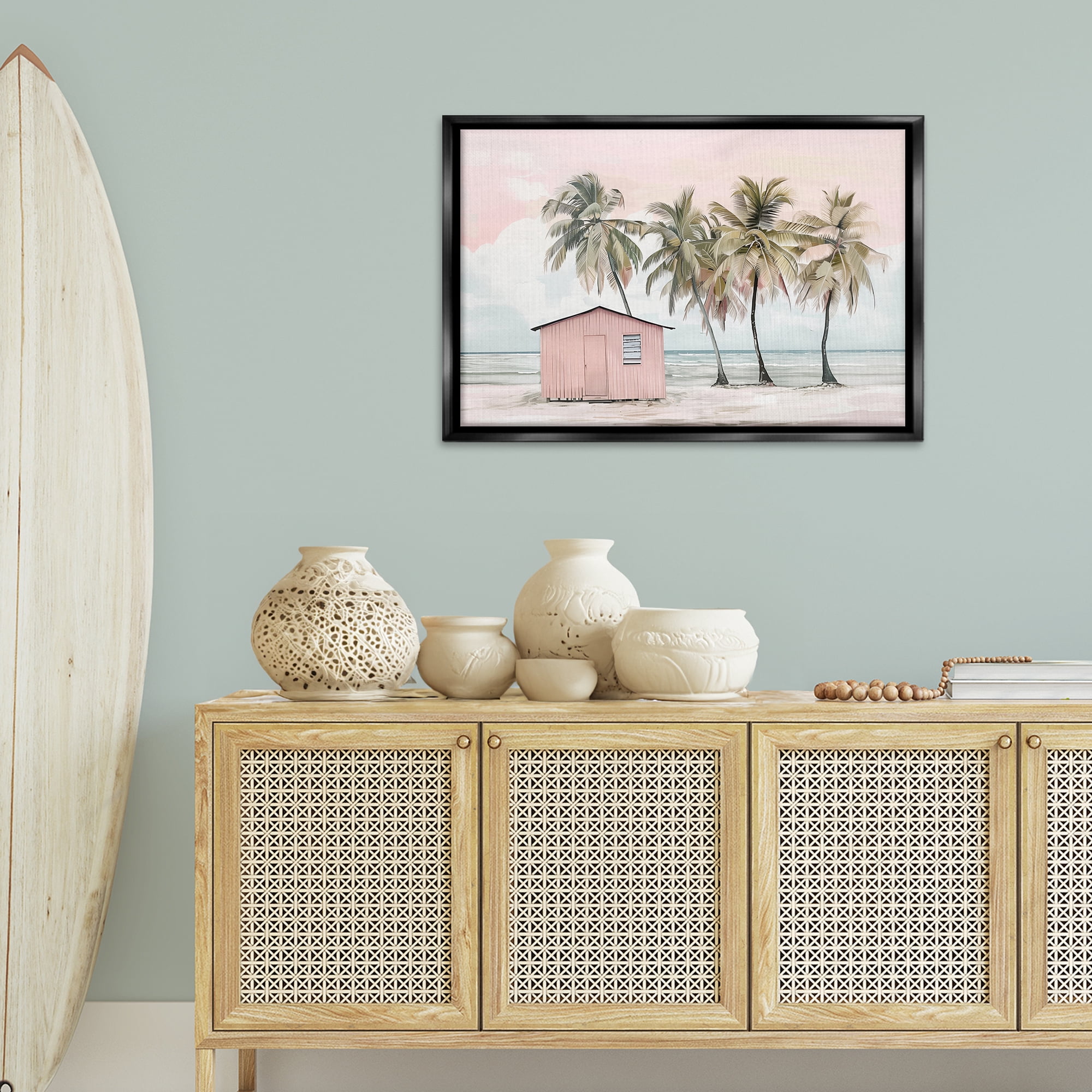 Stupell Industries Pink Beach Hut & Palms Nautical & Beach Painting Black Floater Framed Canvas Art Print Wall Art, 31 x 21