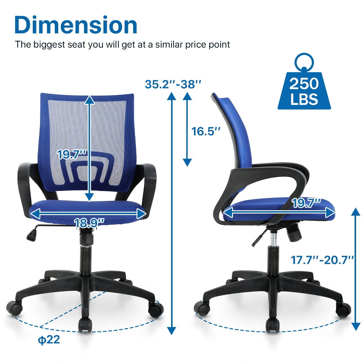 NiamVelo Mesh Office Chair, Mid-Back Home Office Chair Adjustable Ergonomic Desk Chair with Armrest, Rolling Swivel Chair for Adults, Blue
