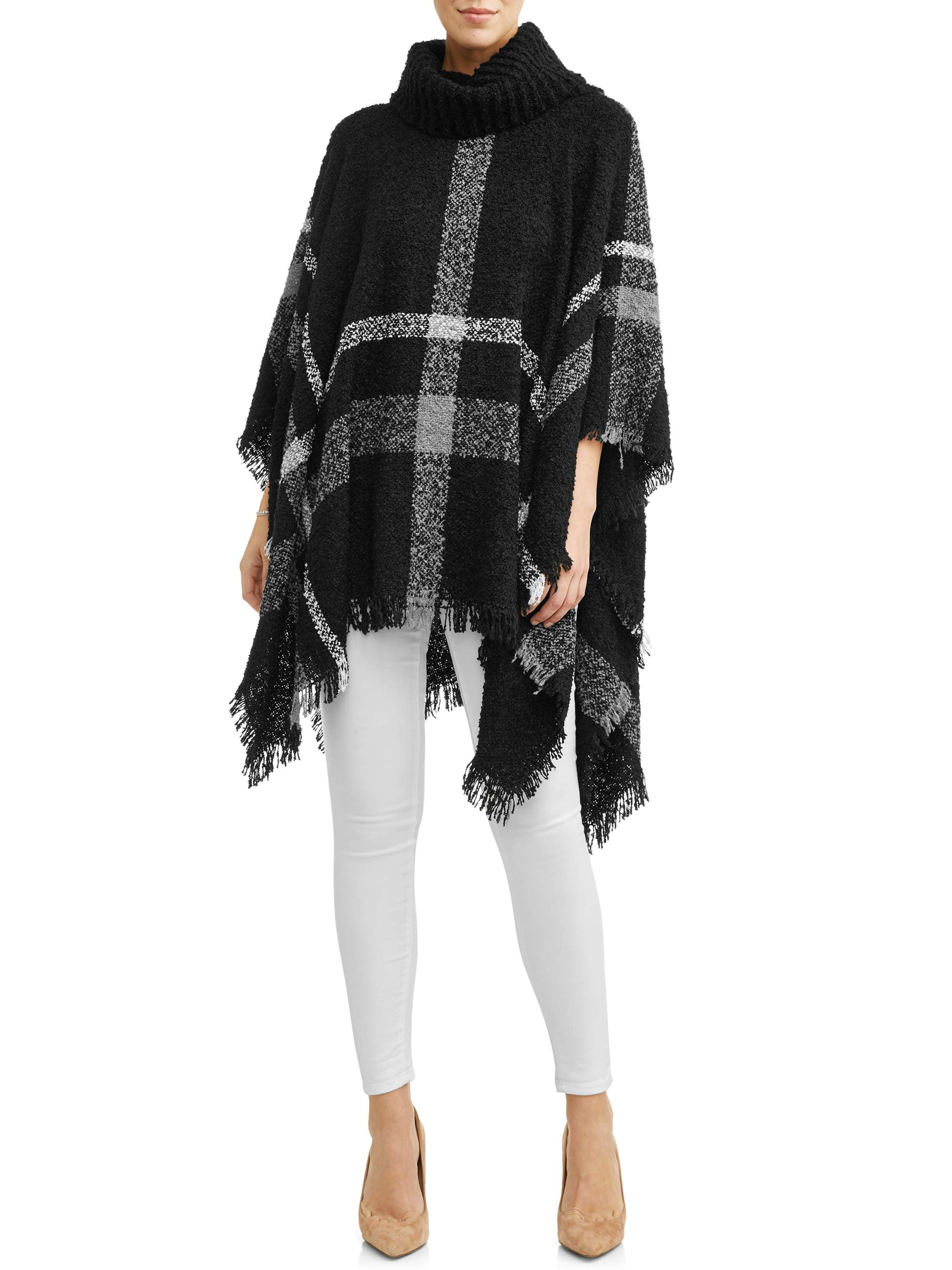 Time and Tru - Women's Oversize Plaid Boucle Knit Boucle Poncho ...