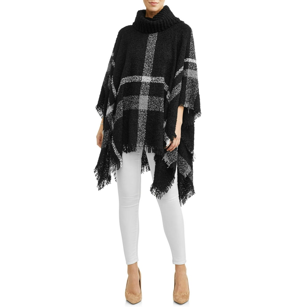 Time and Tru - Women's Oversize Plaid Boucle Knit Boucle Poncho ...