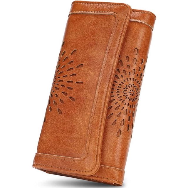 Womens Wallets Rfid Blocking Leather Clutch Long Wallet for Women Card Holder Phone Organizer Ladies Travel Purse Hollow Out Sunflower Design Gift