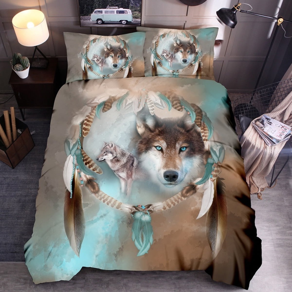 2/3Pcs 3D Wolf Pattern Bed Sheet Set Duvet Cover Pillowcases Polyester & Cotton Bedding Cover