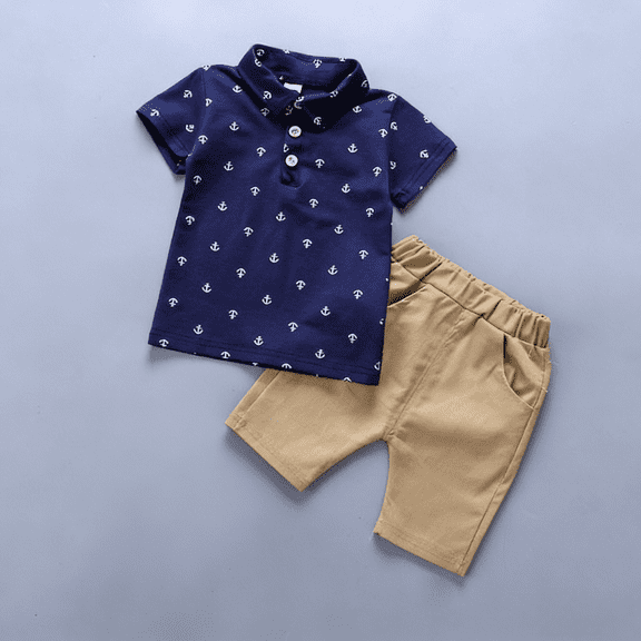 New Summer Boys' Collared Anchor Print Short Sleeve 2-Piece Casual Fashion Set