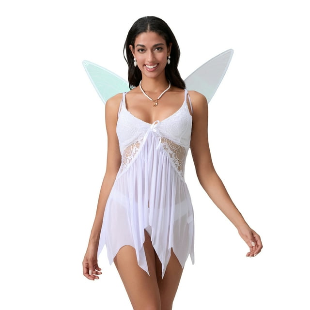 Gupgi Costume d'Halloween pour Femmes Fairy, Robe Mini Transparente en Dentelle à Bretelles Spaghetti, Col en V, Décolleté Plongeant, avec Ailes de Papillon