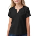 thumbnail image 2 of CFLVAEK Casual Summer Tshirts for Kids Girls Loose Fit Notch V Neck T Shirt Comfy Short Sleeve Teen Clothes Solid Color Basic Tees Black 11 Years, 2 of 8