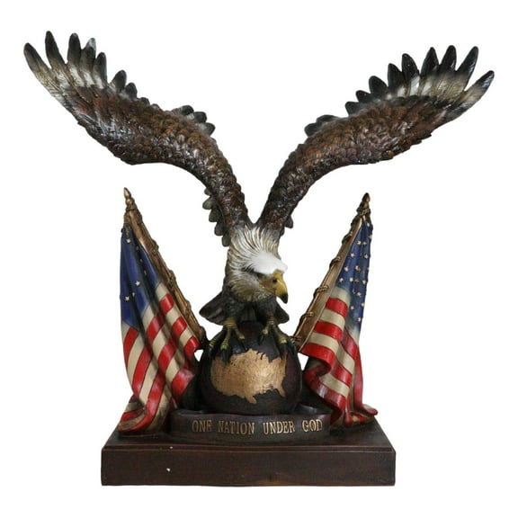 Large 20"H Bald Eagle On Globe With American Flags One Nation Under God Statue