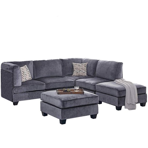 Bowery Hill Upholstery Velvet Fabric 6Pc Modular Sectional Sofa in Gray