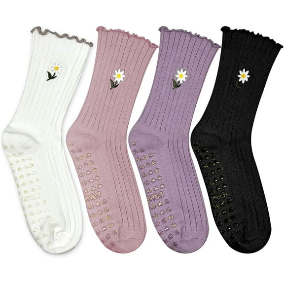 Cute Floral Pattern Yoga Socks for Women – Breathable Grip Ankle Socks with Ruffle Top, US Size 5-9