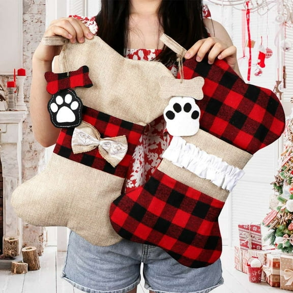 Dalrosia 2 Pack Pet Dog Christmas Stockings Buffalo Red Black Plaid Burlap Large Bone Shape Hanging Christmas Stocking for Dogs Pets
