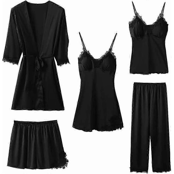Women's Silk Satin Pajamas Set 5 Pcs Sleepwear Nightgown Cami Shorts Pj Set With Robe And Pant