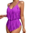 thumbnail image 2 of MGDXOX Women's Fringe Trim One Piece Swimsuits Adjustable Spaghetti Strap Bathing Suits Tummy Control V Neck Bikinis Purple XL, 2 of 3