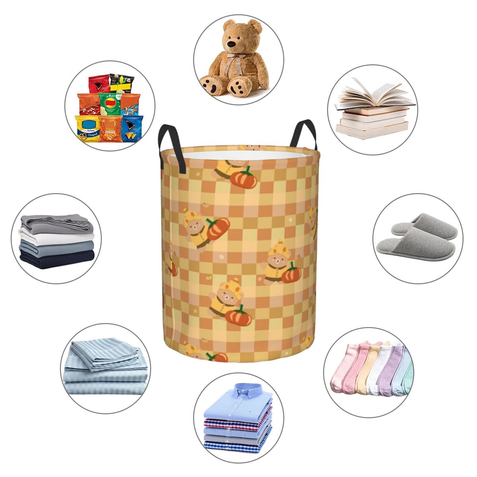 Large Laundry Basket with Handles - bear yellow pumpkin Autumn checkered Kids Baby Dirty Clothes Laundry Hamper for Bedroom Aesthetic
