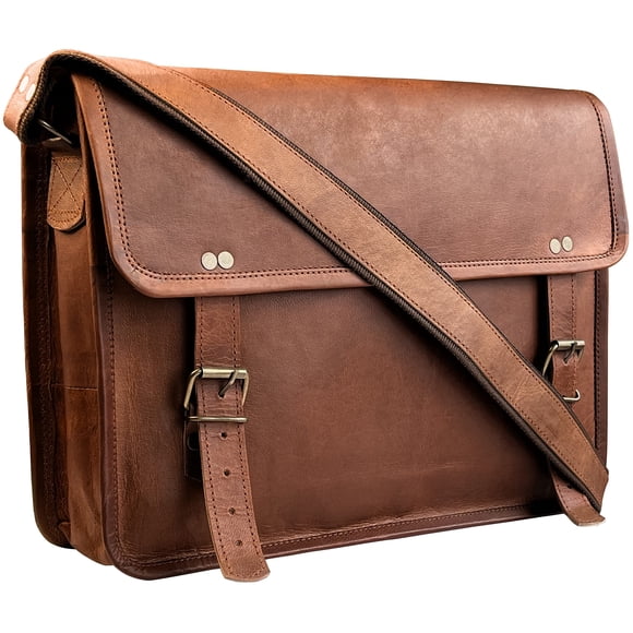 RUSTIC TOWN Sac Messager en Cuir pour Hommes Femmes - Sacoche en Cuir Pleine Fleur pour Ordinateur Portable Sac à Bandoulière de Bureau (14 Pouces, Marron)
