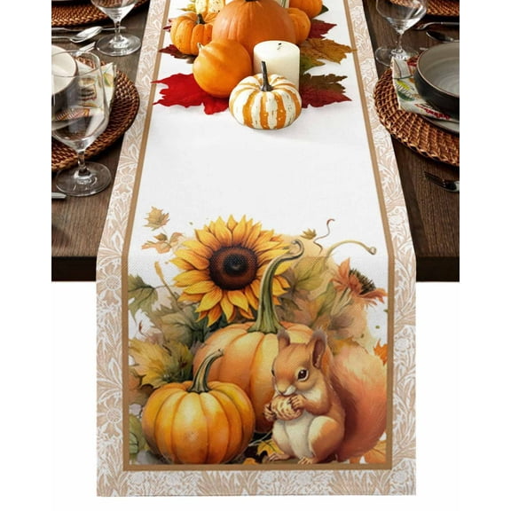 Fall Table Runner Thanksgiving Pumpkin Maple Leaf Table Runners Squirrel Sunflower Cotton Linen Dresser Scarf Kitchen Dining Table Decor for Fall Holiday Party Decor 13x90 Inch