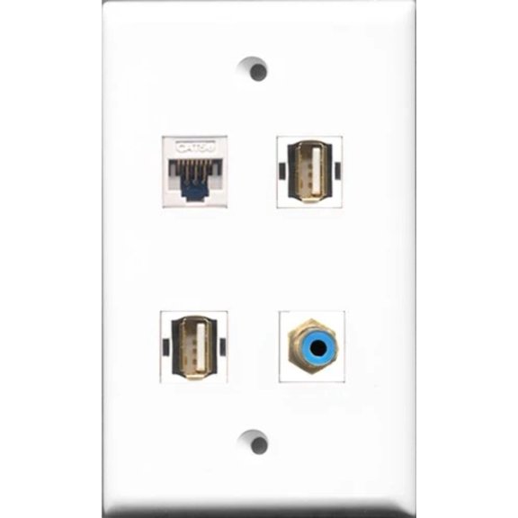RiteAV 1 Port RCA Blue 2 Port USB A-A and 1 Port Cat5e Ethernet White Wall Plate
