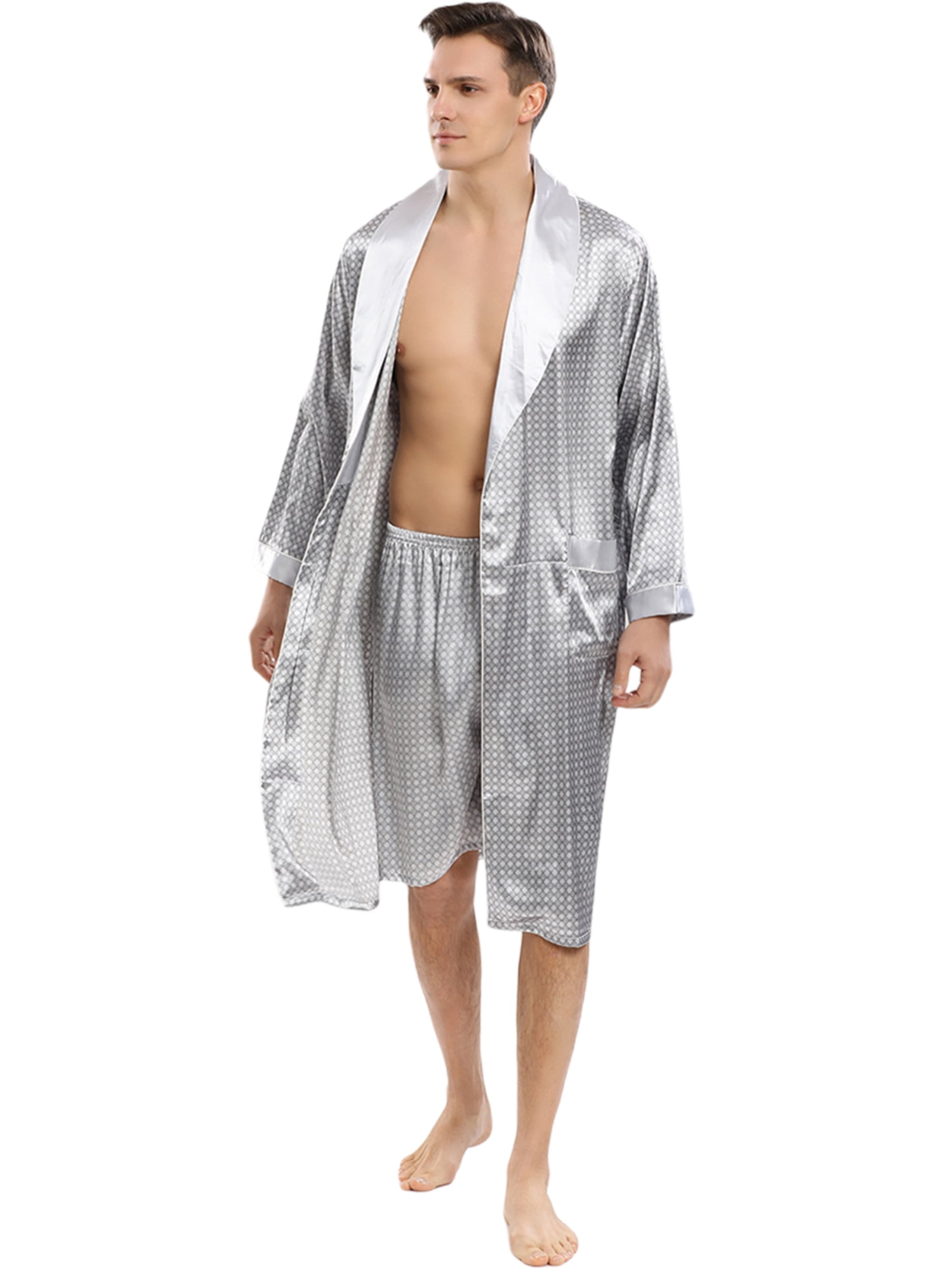 Men's Luxurious 2Piece Robe with Shorts,Summer Long Sleeve Knee Length
