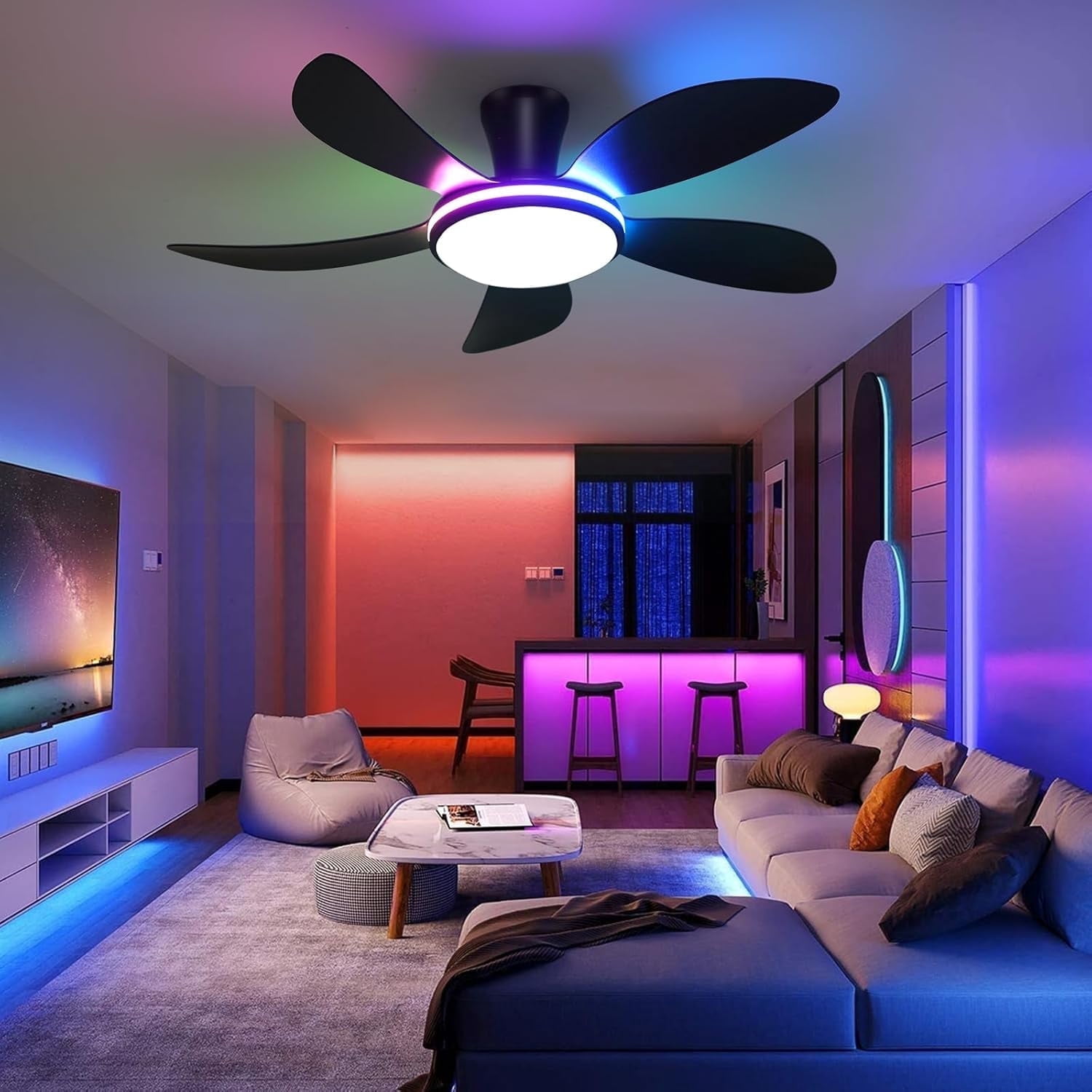 PHORUS 48" Low Profile Ceiling Fan with Light and Remote, Dimmable 3-Color LED, 6-Speed Quiet Reversible DC Motor, APP Control, Energy-Efficient Indoor/Outdoor Ceiling Fan,Black RGB