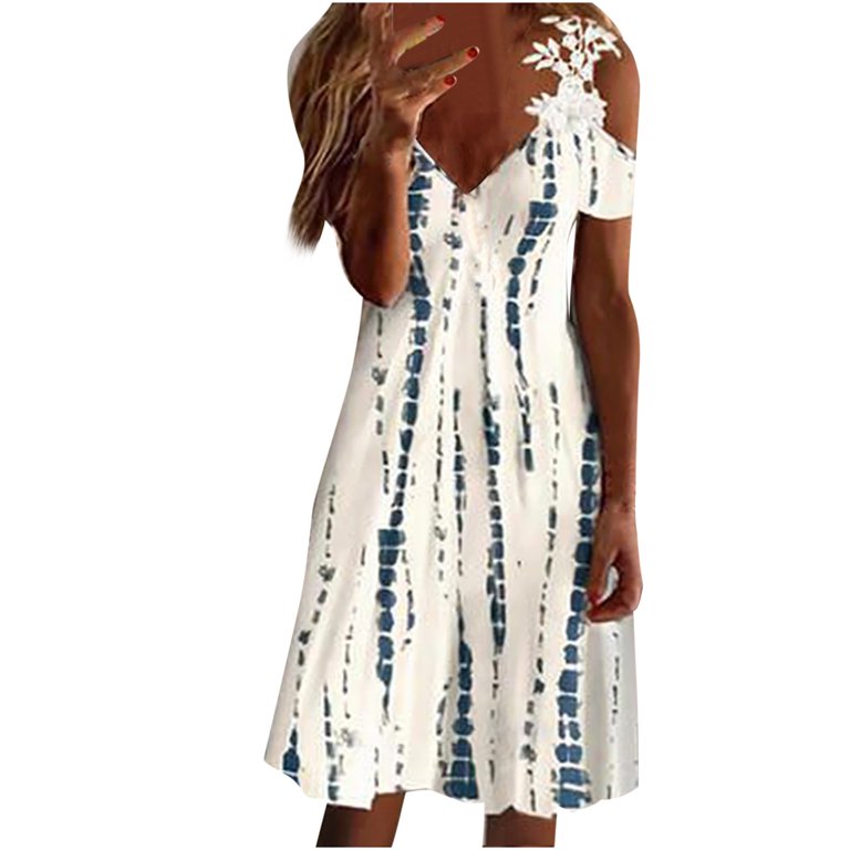 HTNBO Women's Cold Shoulder Sheath Dresses Summer Trends Lace V Neck Flowy  Sun Dresses Sunflower Print Midi Dress 