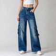 thumbnail image 2 of Women's Cargo Wide Leg Jeans with Pockets High Waist Button Closure Baggy Denim Pants Y2K Casual Vintage Washed Jeans Fashion Bottoms Dark Blue, 2 of 6