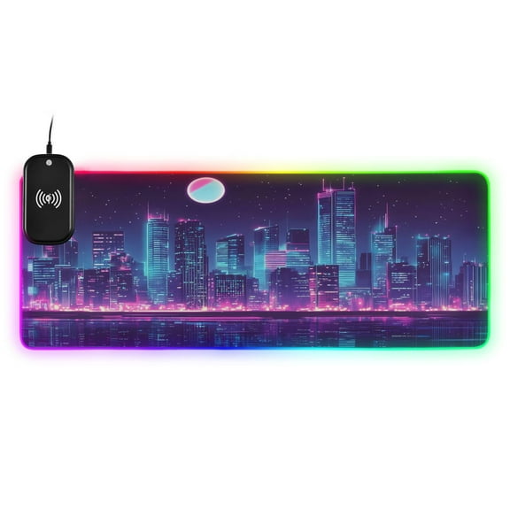 Wireless Charging Mouse Pad Large RGB Gaming Desk Mat 13 Light Modes Mousepad 31.5x11.8 Cyberpunk City at Night