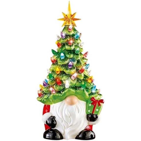 Lighted Christmas Gnome Tree, 8 Inch Faceless Old Man Ceramic Decor with Multicolor Lights for Tabletop Home Office