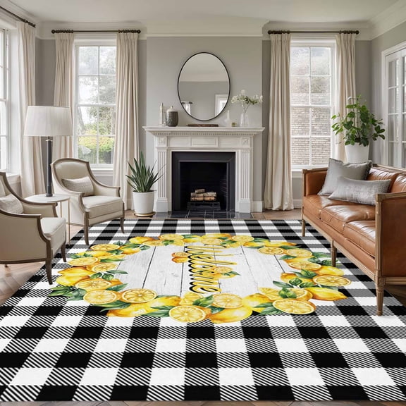 Summer Lemon Area Rugs 6'x9', Washable Small Throw Rugs for Kitchen Dining room, Farmhouse Yellow Fruit Plaid Wooden Grain Indoor Outdoor Rug Non-Slip Low Pile Carpet Runner Reversible Floor Mats