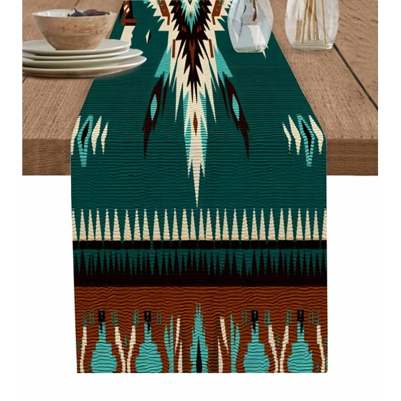 Southwest Teal Table Runner-Cotton Linen- 108 Inch Holiday Dresser Scarves, Geometric Aztec Tribal Ethnic Bohemian Tablerunner for Kitchen Coffee/Dining Bedroom Living Room Dinner Scarf Décor 13x108