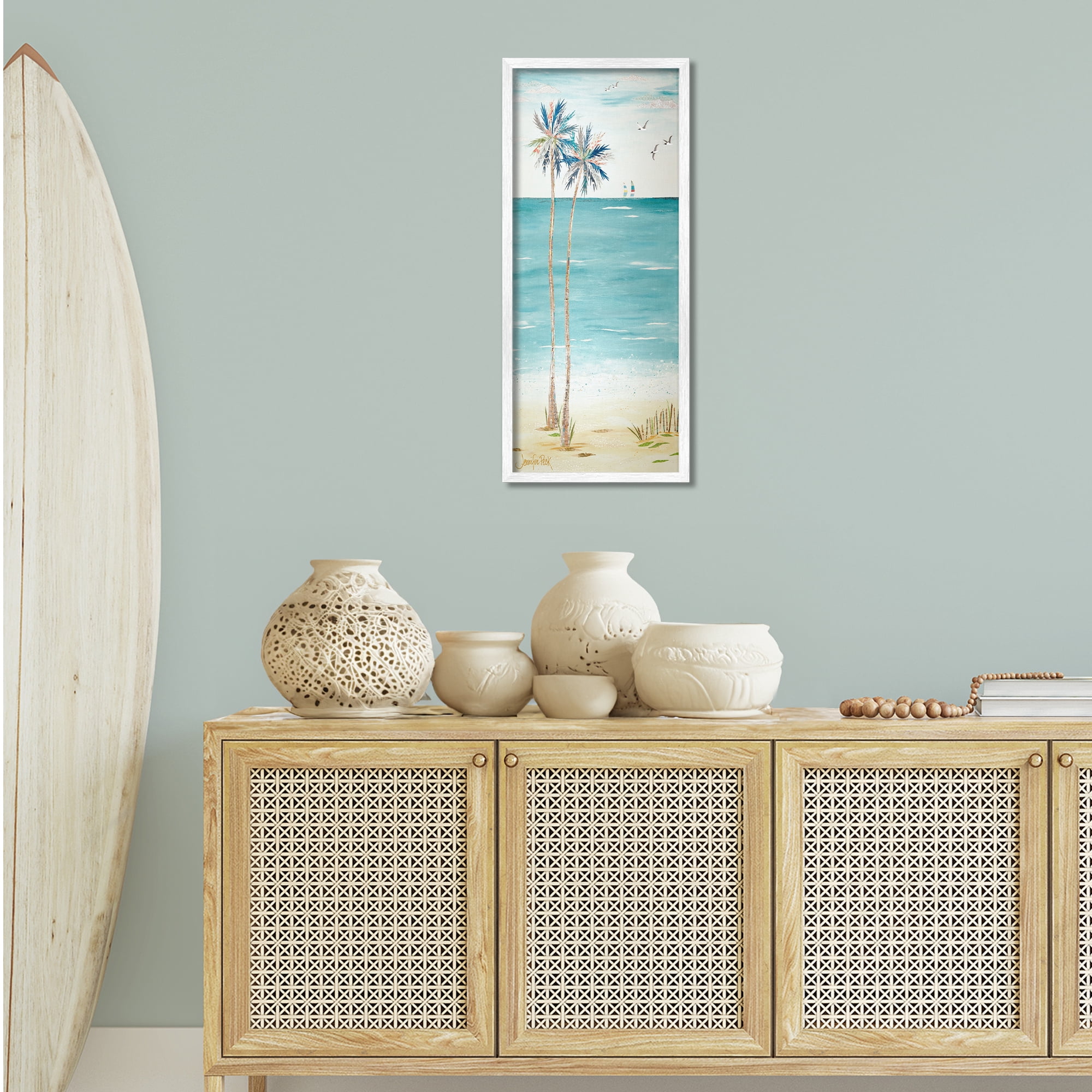 Stupell Industries Palms & Distant Boats Landscape Painting White Framed Art Print Wall Art, 13 x 30
