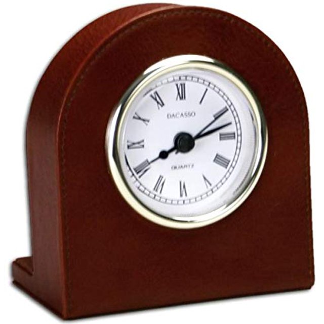 Dacasso Mocha Leather Desk Clock with Gold Trim