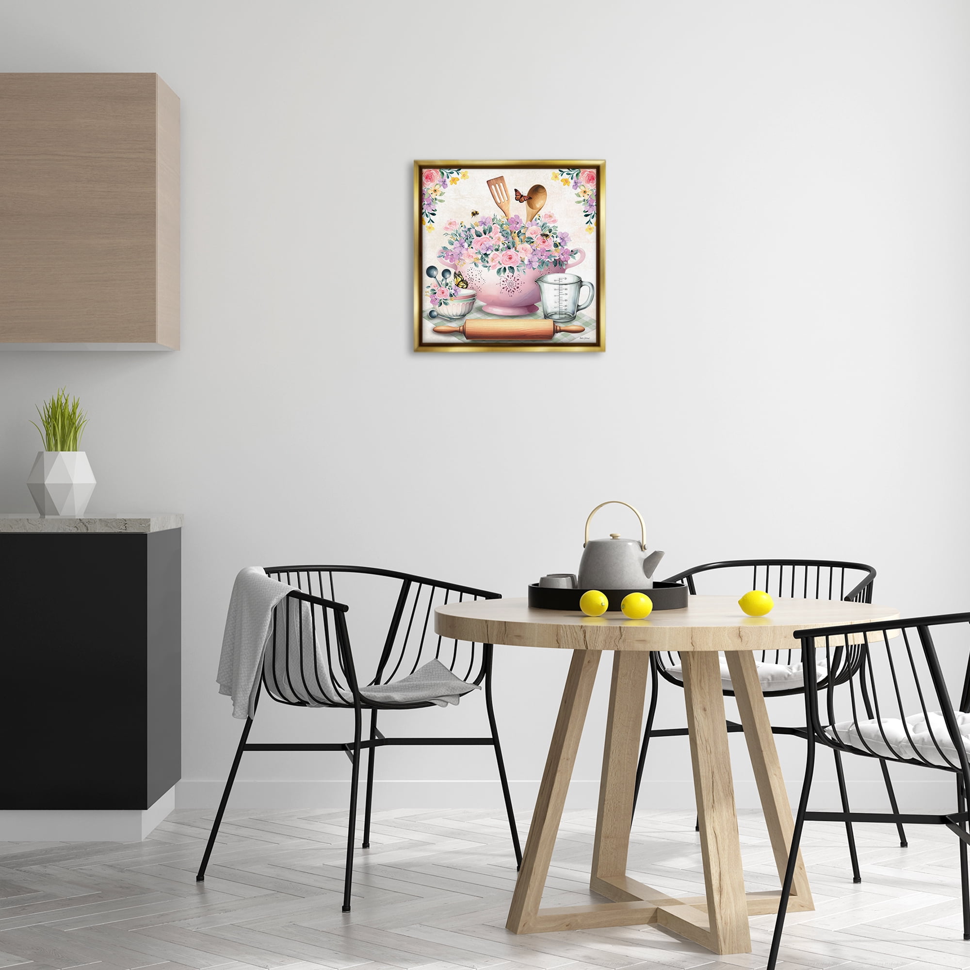 Stupell Industries Pink Florals & Utensils Food & Beverage Painting Gold Floater Framed Canvas Art Print Wall Art, 18 x 18