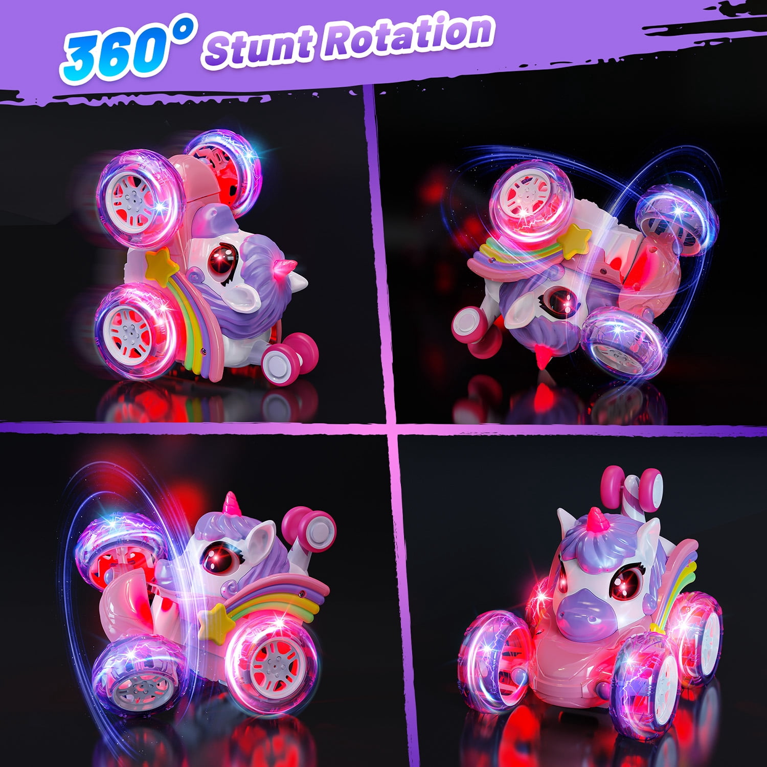 UQN Unicorn Toys for Girls Age 3-6, Remote Control Stunt Cars Toys for Girls, RC Cars for Kids with LED Light, Birthday Gift Toys for Girls Toddlers 3 4 5 6