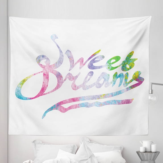 Saying Tapestry, Colorful Words in Watercolor Style Fantasy Happiness Youth Themes, Fabric Wall Hanging Decor for Bedroom Living Room Dorm, 5 Sizes, Multicolor, by Ambesonne