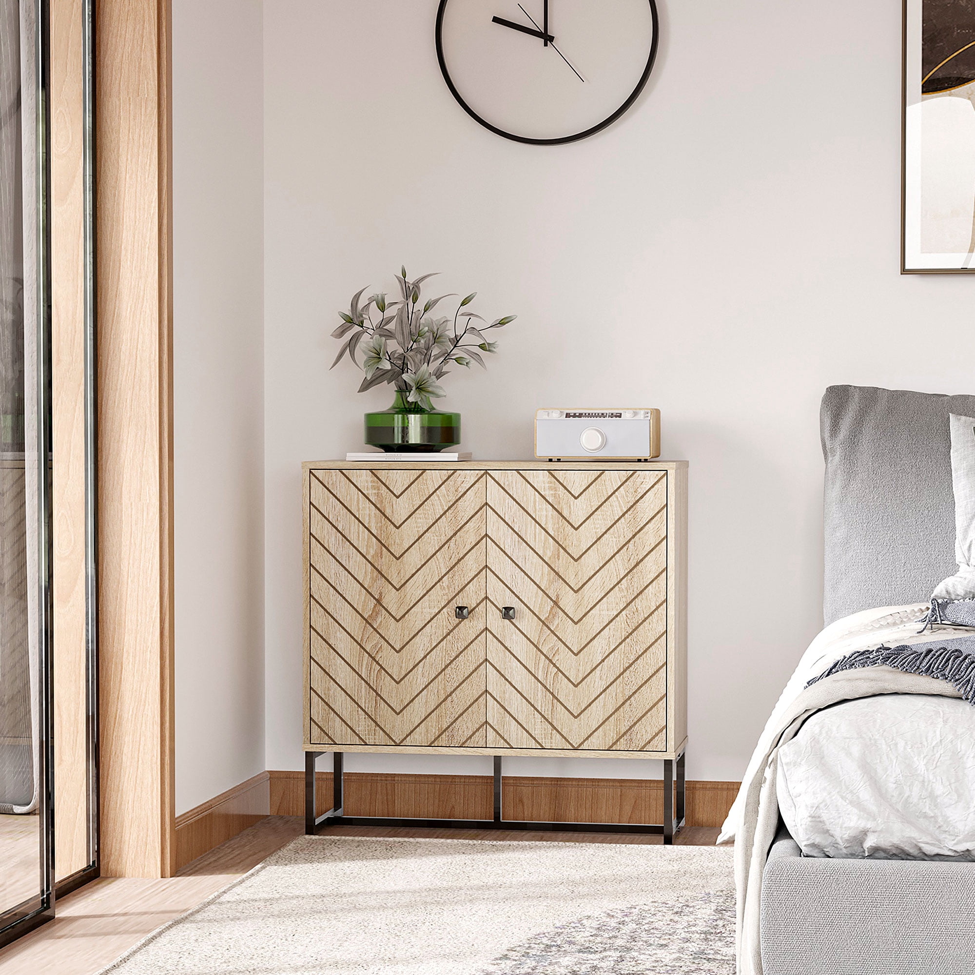 HOQBN 2‑Tier Storage Cabinet with Sturdy Steel Frame, Practical Handles and Decorative Tabletop, Unique Stylish Storage Unit for Living Room Bedroom Entryway